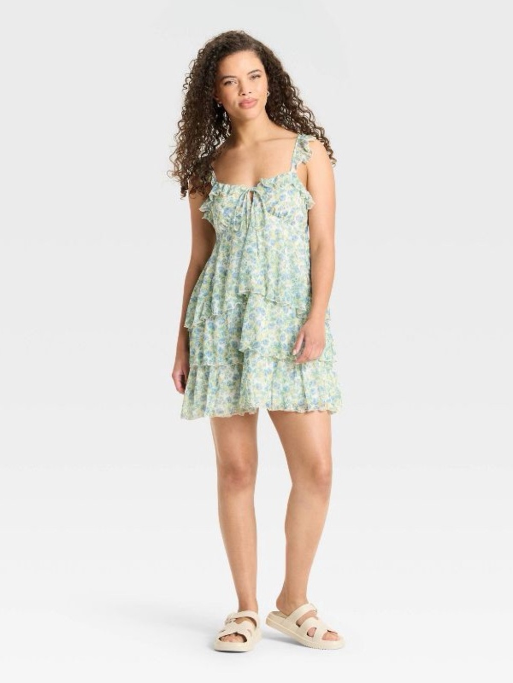 wild fable Mint Floral Ruffled Tiered Mini Dress